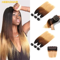 Mèches Brésiliennes Remy 4/27 Naturelles, Blond Miel Ombré 1B/100%, 13x4, avec Closure 4 Tages, 3 Lots