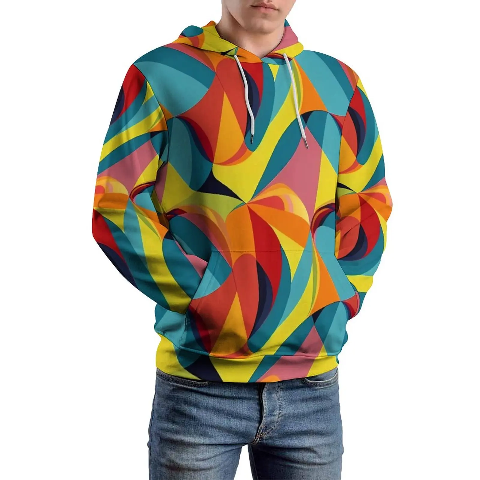 

ColorBlock Loose Hoodies Abstract Print Modern Hoodie Man Long Sleeve Oversized Casual Pattern Hooded Sweatshirts