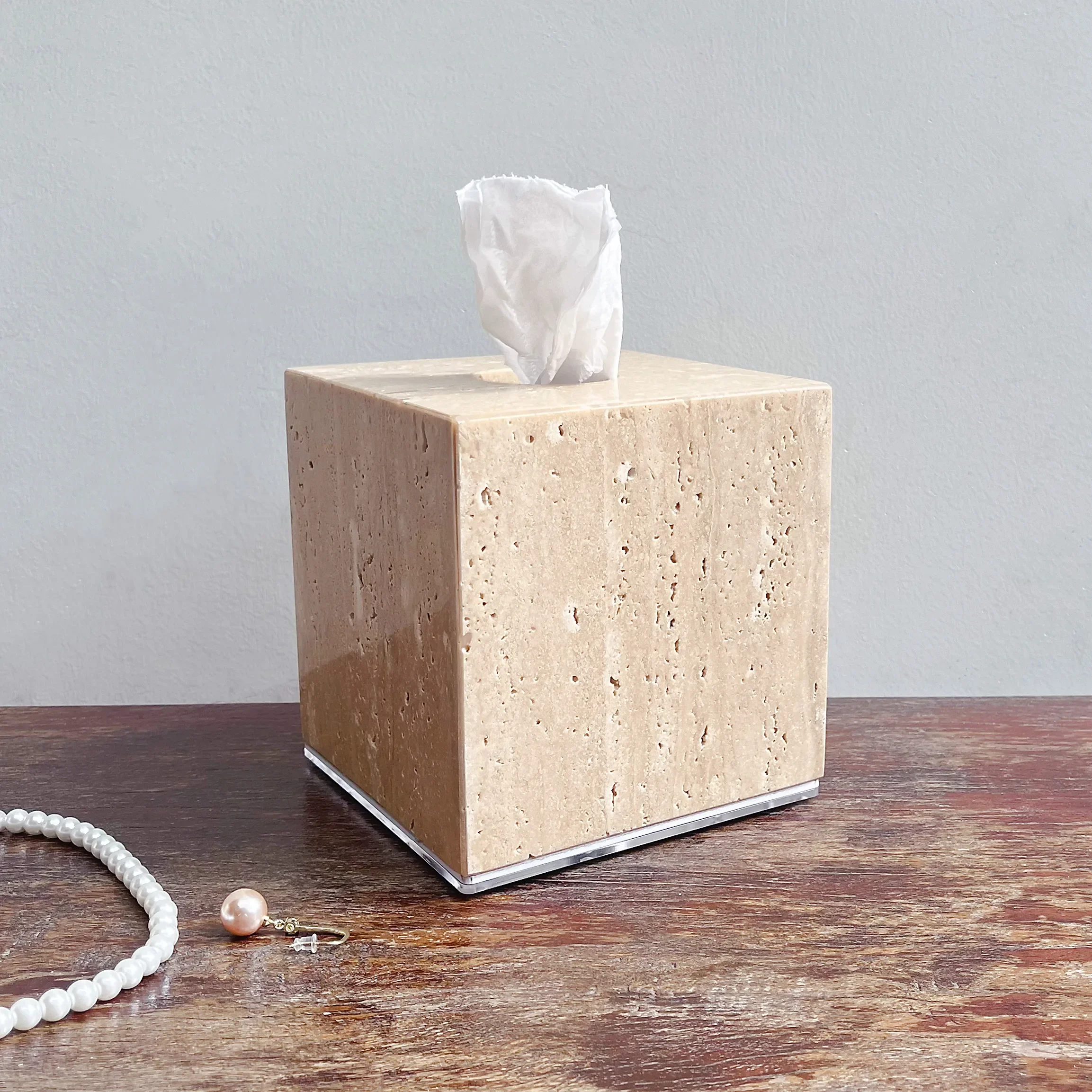 

Factory Outlet Square Yellow Cave Marble Tissue Box Natural Stone Yellow Travertine Storage Organization Case