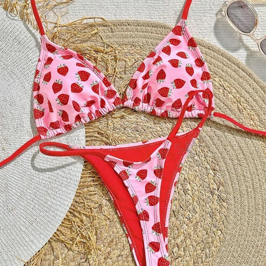 Strawberry Print Triangle Bikini Set Women Tie String Two Piece Cute Pink Fruit Pattern Bathing Suit Slim Summer Beach Vacation