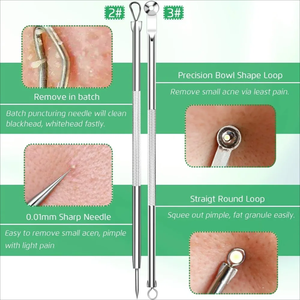 8PCS Rvs Acne Clip Puistje Naald Comedondrukker Pincet Comedo Extractor Facial Schoonheidssalon Huidverzorging Gereedschap