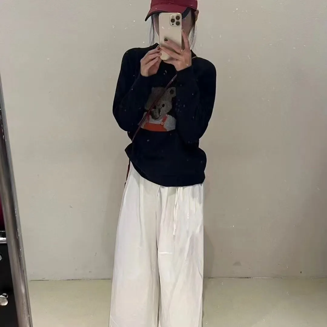 เกาหลีน่ารักหมี Jacquard เสื้อกันหนาวถักเสื้อกันหนาวผู้หญิง Vintage O คอยาวแขนยาวแฟชั่นสบายๆฤดูใบไม้ร่วงเสื้อถักจัมเปอร์ Tops