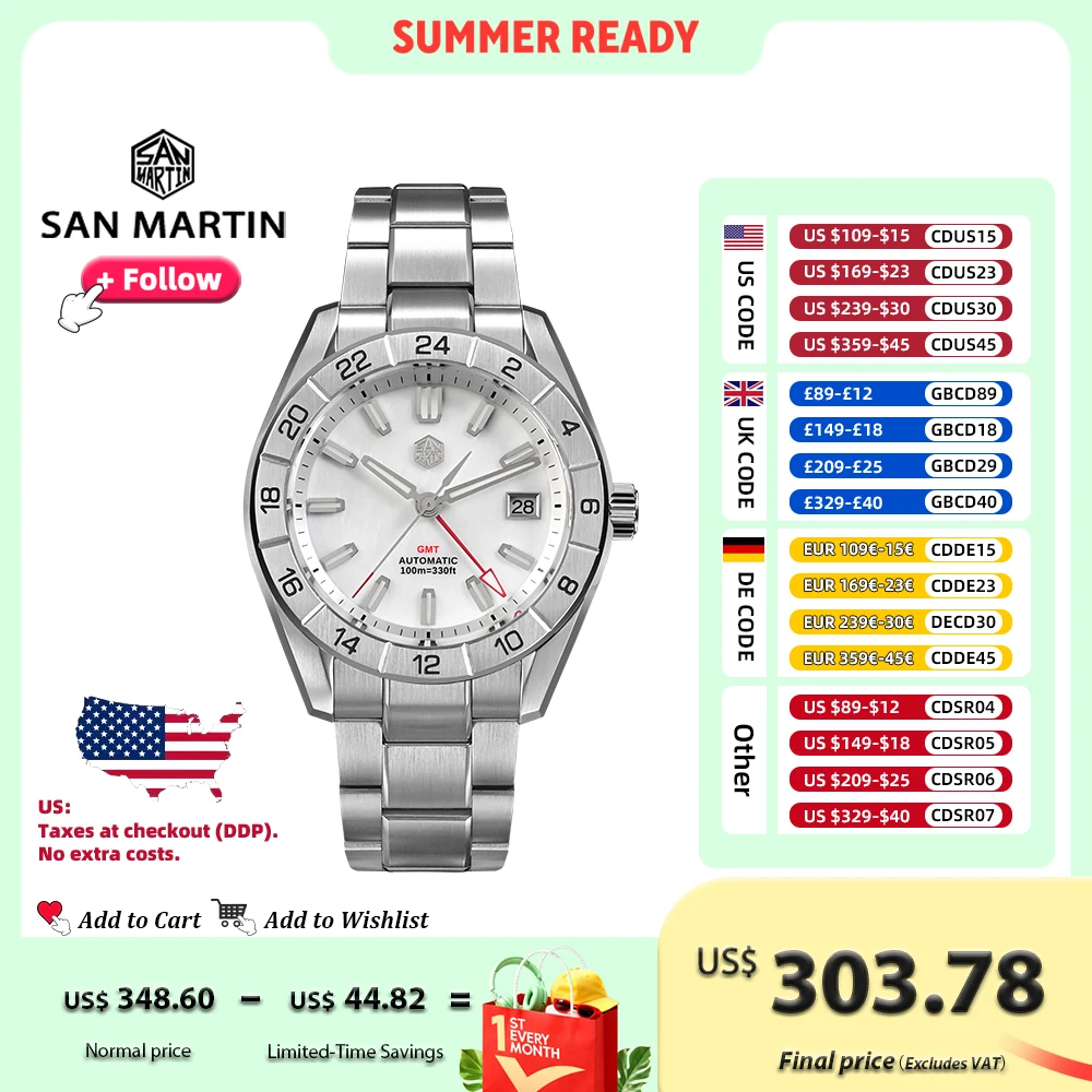 

San Martin 42 мм Роскошные китайские мужские часы из нержавеющей стали NH34 GMT Автоматические механические часы Швабра с циферблатом Водонепроницаемые 10 бар SN0130
