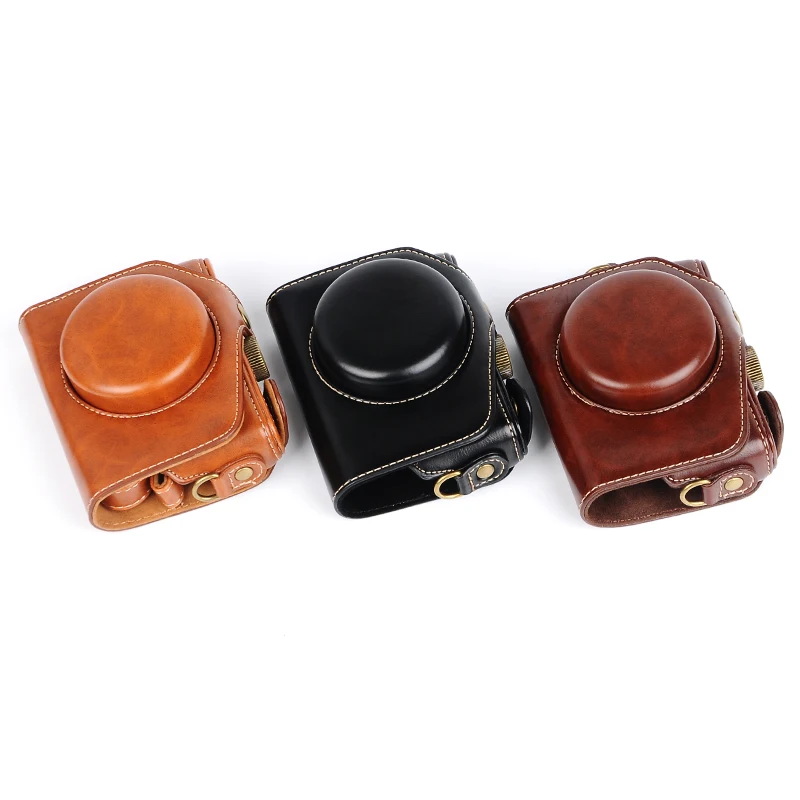 Capa de couro pu para câmera digital canon g7x g7 x, capa com alça e tampa para câmera digital 3 cores preto marrom café