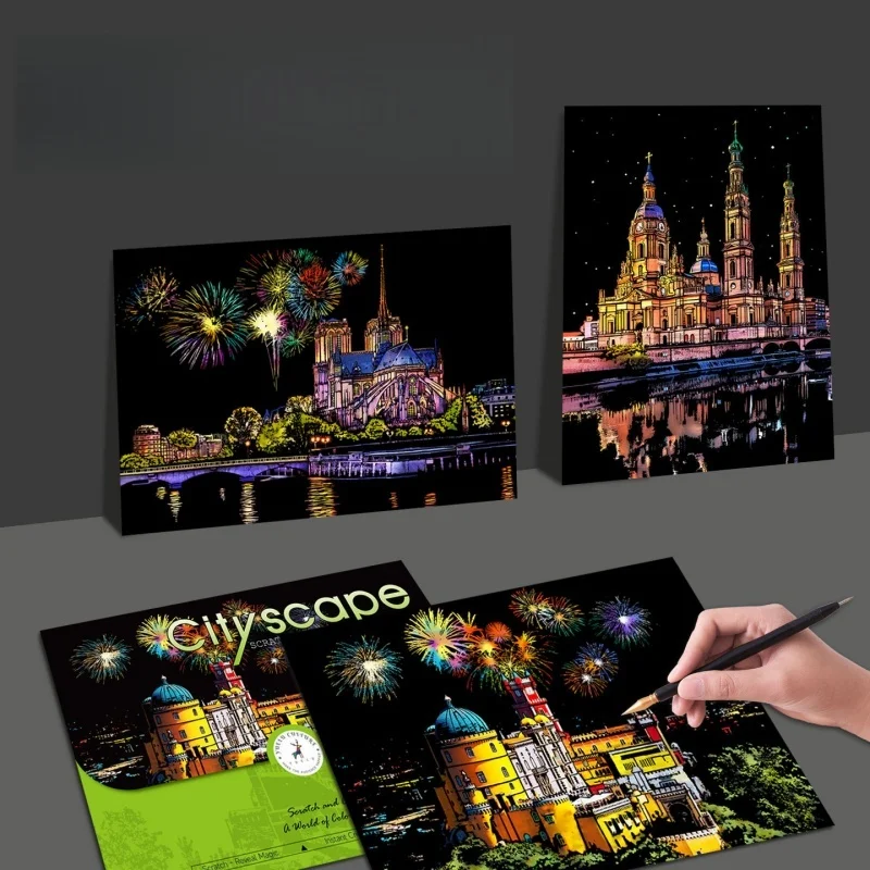 DIY 2PCS/Set City Scape Scratch Painting With Tool Colorful City Night Scenery Landscape Scratch Art Room Decor Gift
