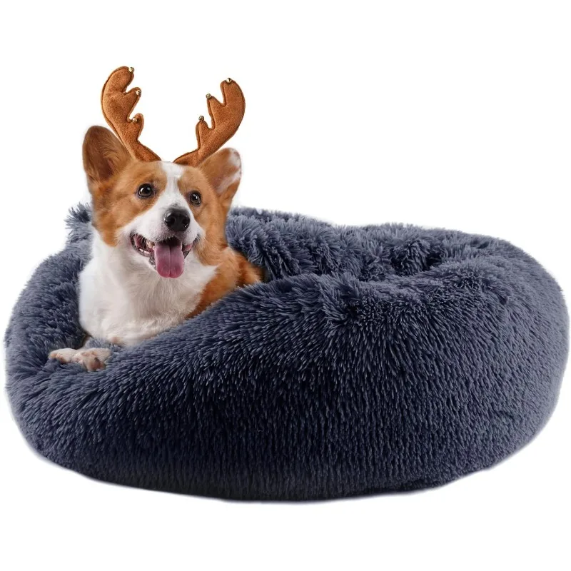 Anxiety Dog Bed with Blanket Attached, Hooded Dog Bed for Medium Dogs, Round Soft Fluffy Donut Snuggle Dog Bed