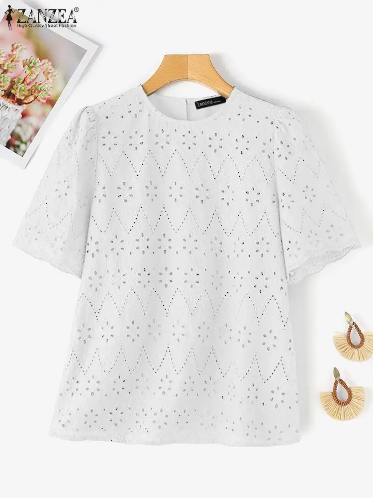 ZANZEA Summer Elegant Short Sleeve Tops Fashion Women Lace Crochet Blouse Bohemain Holiday Shirt Female Loose Work Blusas Mujer