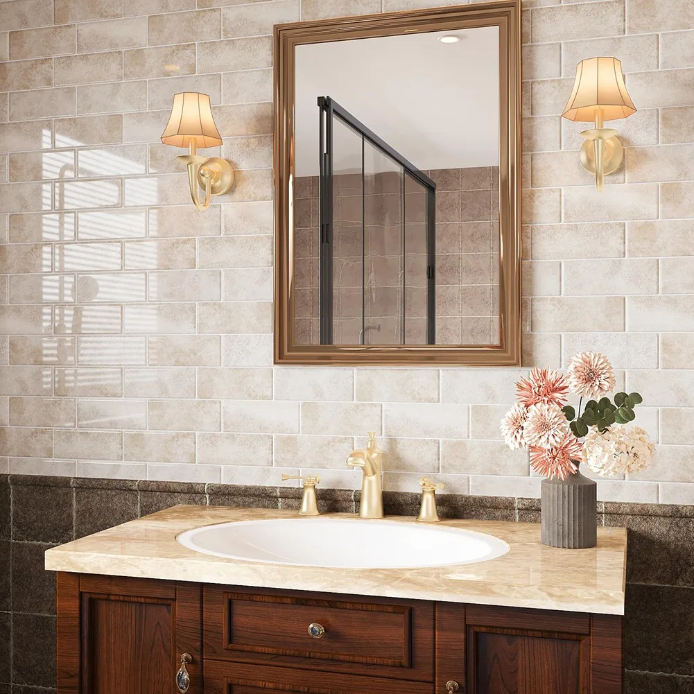 

ABPP-Beige Stone Subway Tile Wall Decals, 10 Sheets, Peel And Stick Backsplash For Kitchen Makeover