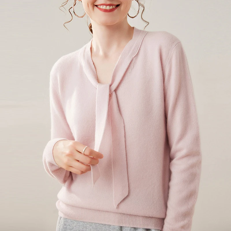 Sweter Kasmir Wanita Musim Gugur Dingin 2025, Kerah V, Tali Ikat, Rajutan Kasmir, Atasan Pullover, Polos, Baju Rajut Wol Wanita