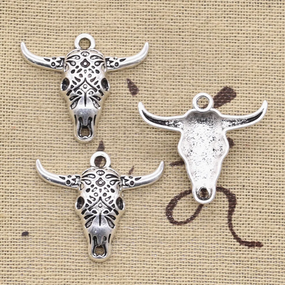 8pcs Charms Skull Bull Ox Head 25x29mm Antique Silver Color Plated Pendants Making DIY Handmade Tibetan Finding Jewelry