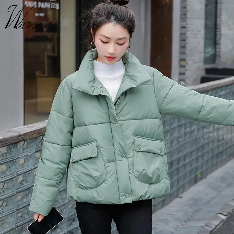 Parkas informales acolchadas con cuello levantado para mujer, chaquetas cortas coreanas de algodón, abrigos ligeros y cálidos, Casaco grueso suelto de una sola botonadura, Invierno