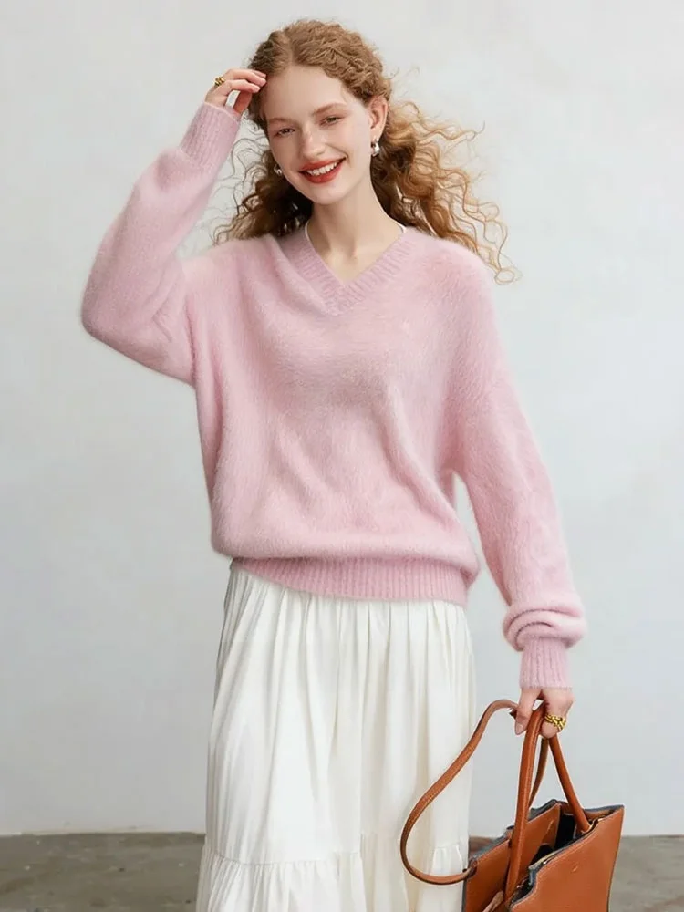 

Женский розовый пушистый свитер ZhuoZhi с V-образным вырезом, свободный, комфортный, теплый, в французском стиле, мягкий, с цветными вставками, длинный рукав