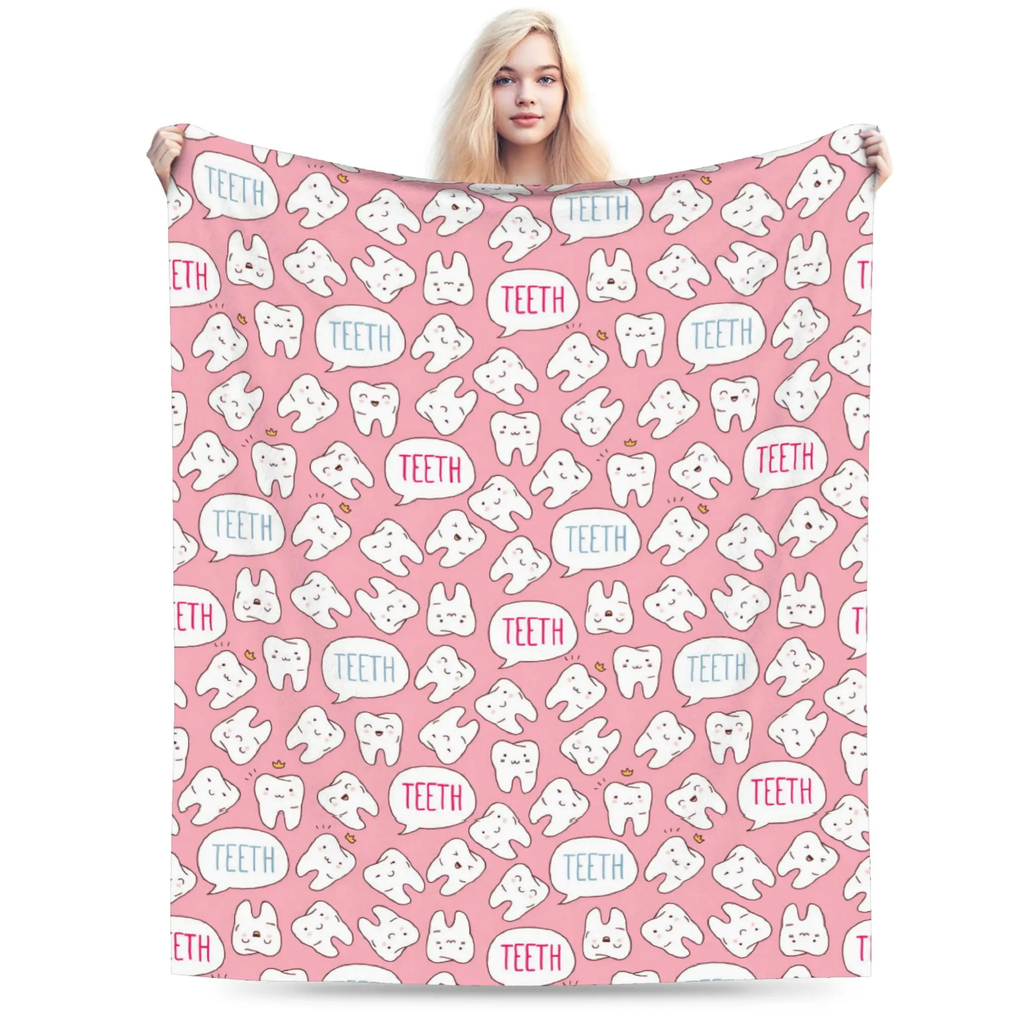 Custom Healthy Teeth Pattern Tooth Blanket Soft Flannel Fleece Warm Care Dental Health Throw Blankets for Car Bedding Sofa Quilt