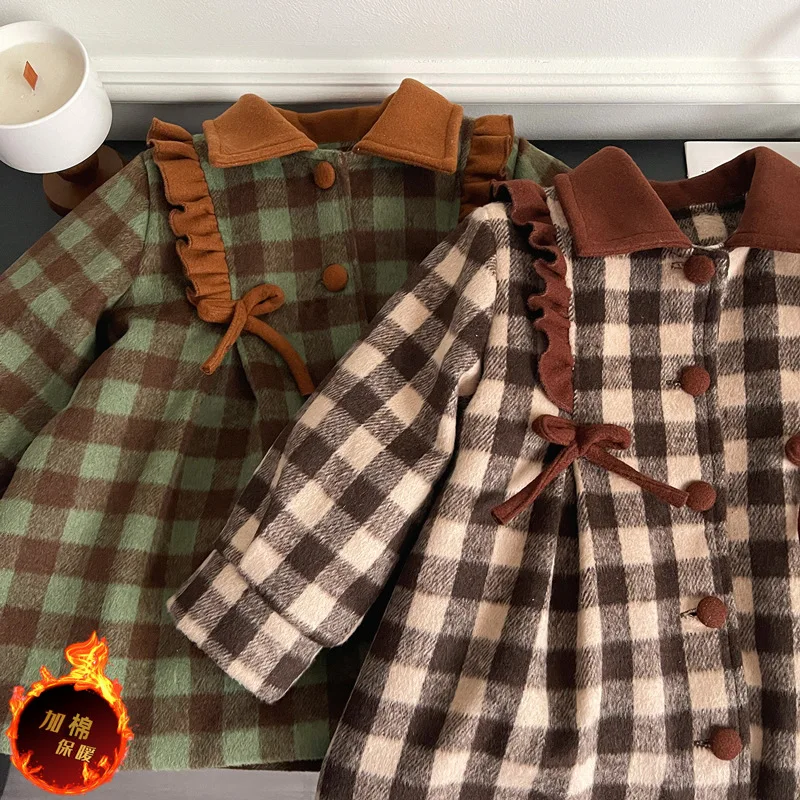 

New Baby Winter Thick Quilted Coat Girls' Plaid Children plus Cotton Woolen Coat