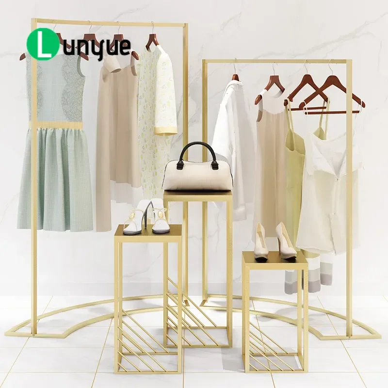 Floor to Ceiling Curved Clothes Hanging Rod Display Stand for Women Clothing Store High Low Booth Window Table Retail Shop
