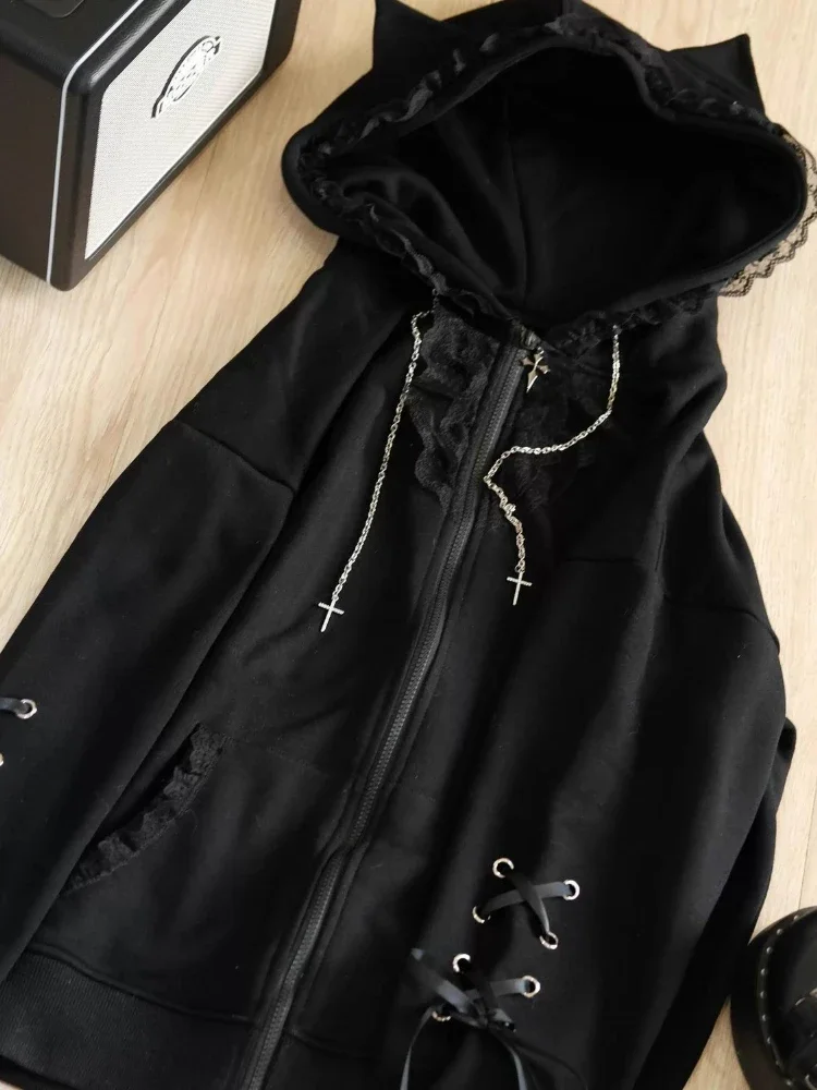 

2025 Y2K Kawaii Cat Ear Hoodie Women's Loose Patchwork Coat Oversized Grunge Zipper Sweatshirt with Pockets