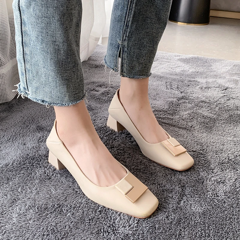 Square Toe Single Shoes Women's Thick Heels Not Tiring Work Shoes, Specially Approved Autumn Medium Heeled Women's Leather Shoes