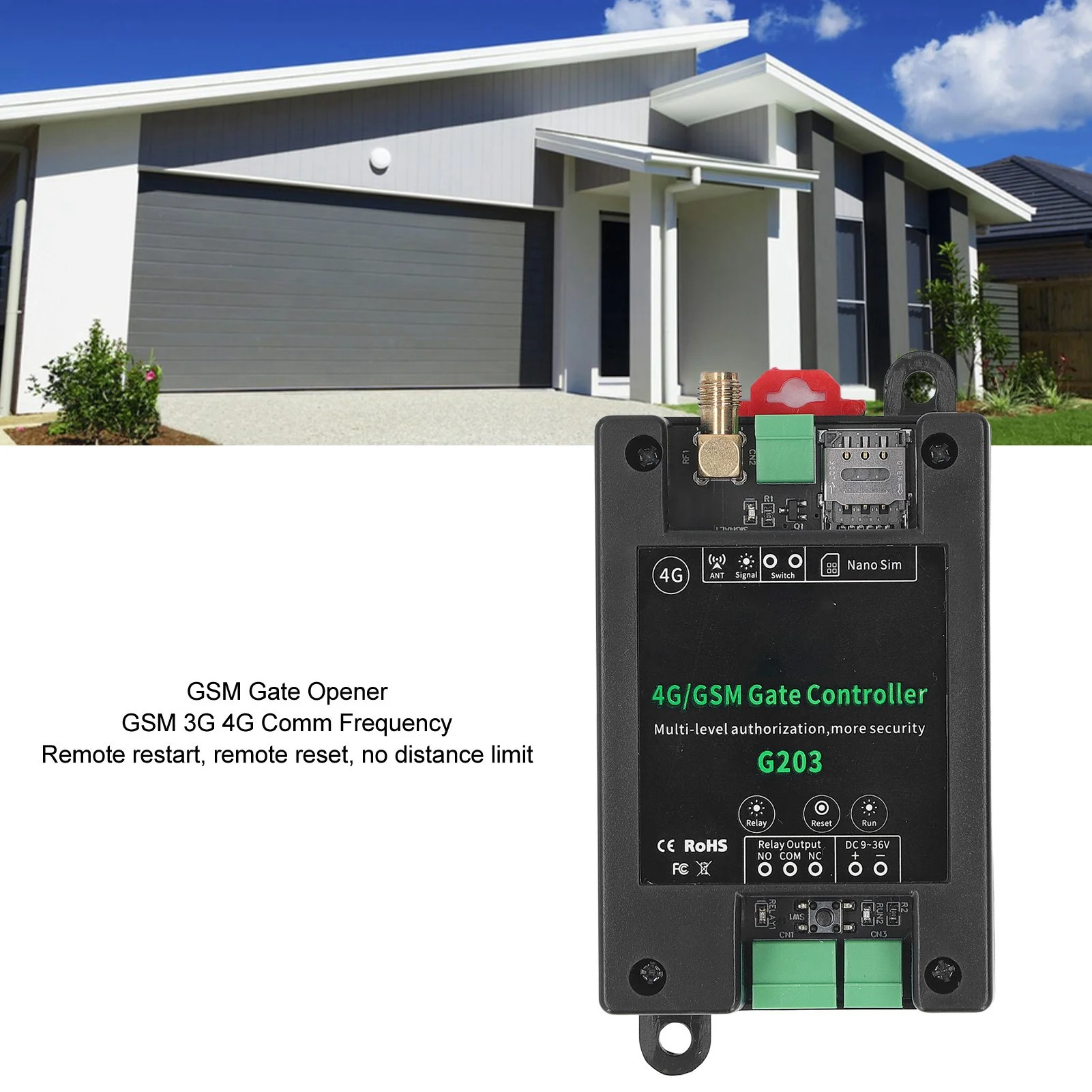 GSM Gate Door Opener G203 GSM Gate Opener 3G 4G Garage Door Access Remote Controller Support Remote Restart Reset DC9‑36V