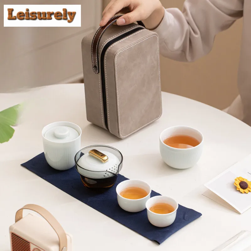 White Porcelain Portable Travel Tea Set Kit Elegant 1 Pot 3 Cup Tea Maker Picnic Outdoor Tote Pu Bag for Tea Supplies Decoration