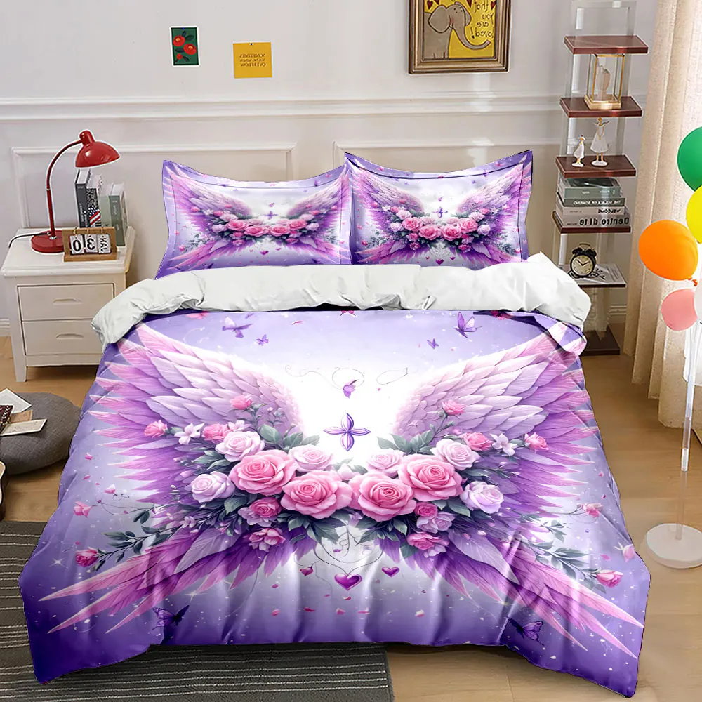 Purple wings with dreamy roses Bedding Set for Kids Luxury Gift 3pcs Digital Print Comforter Set Soft Comfortable Breathable