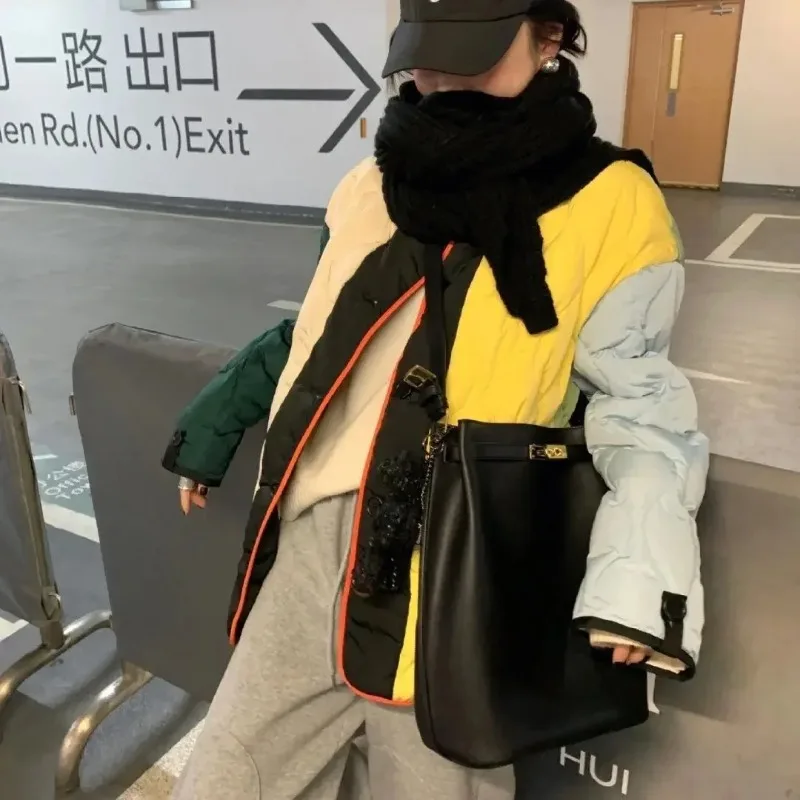 Piumini stile Street moda donna inverno tenere in caldo Patchwork colore parka cappotto Streetwear piumini spessi parka