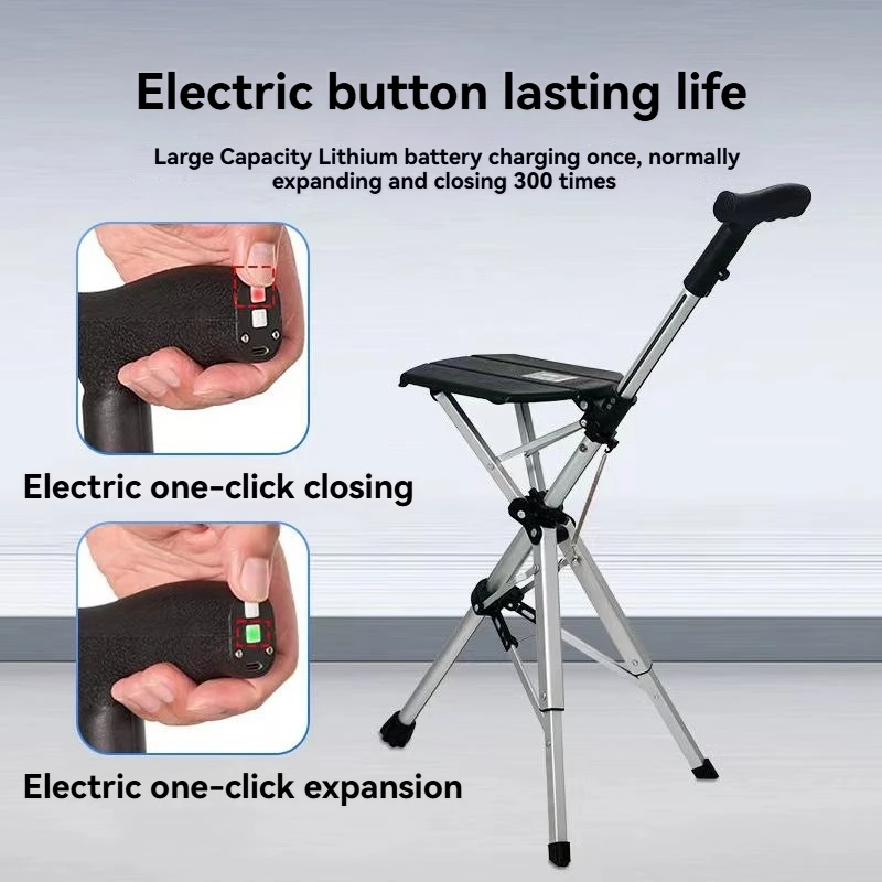Electric Walking Stick Chair, One-Button Open Foldable Stool with Triangular Seat，100KG Capacity Aluminum Alloy Mobility Aid