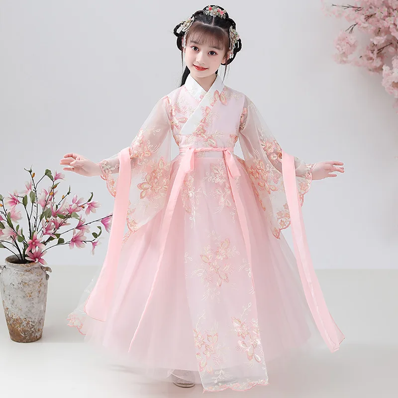 

Girls Pink Chinese Lovely Tang Suit Kids Traditiona Cotton Linen Ancient Hanfu Children Photography Embroidery Perform Costumes