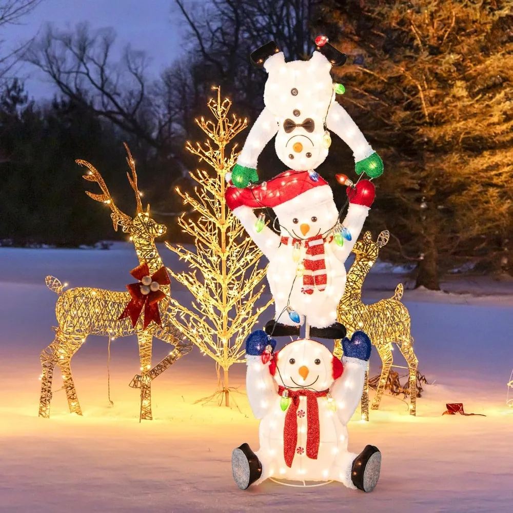 Christmas Stacked Snowmen Decoration 5.6 FT, Pre-Lit Snowmen Ornament with LED Lights, Light String, Outside Xmas Yard Decor