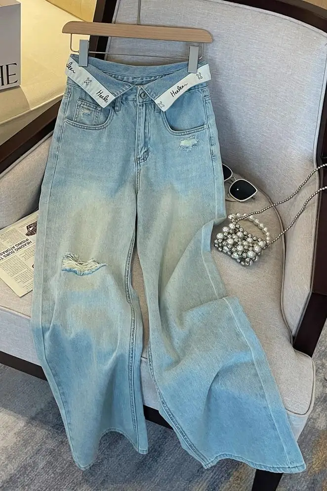 Summer slim design with flip letter waistband, high waist, loose and slimming jeans, long pants, wide leg pants