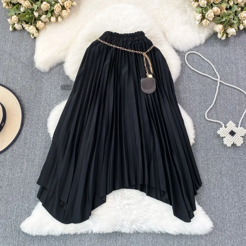 새로운 가을 겨울 한국식 하이 웨이스트 플리츠 스커트 슬림 플로잉 룩 중간 길이 무릎 길이 불규칙한 A 라인 스커트