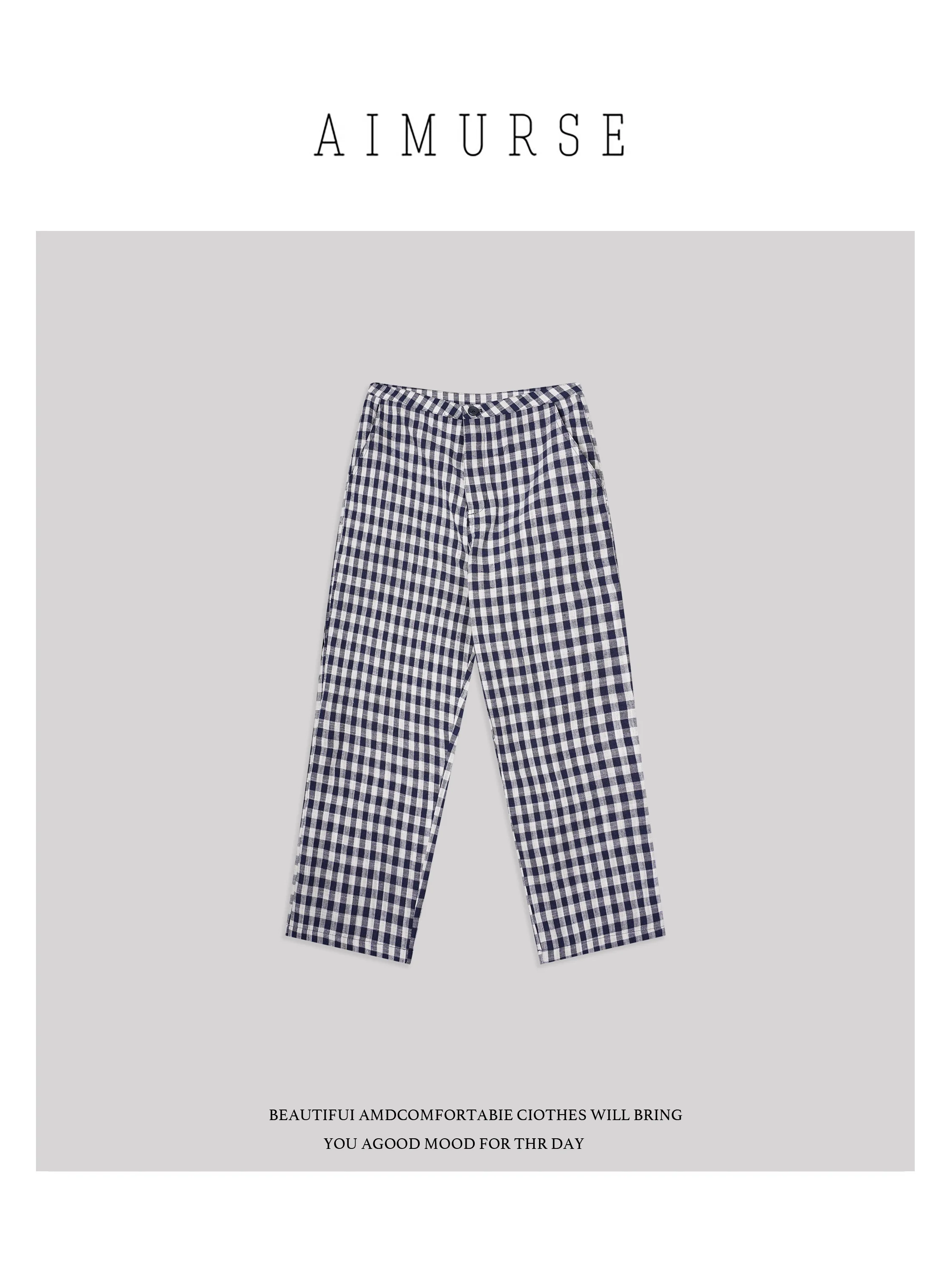 

AIMURSE Spring Plaid Pure Cotton Casual Nine-Piece Pants Versatile Straight Leg l Waist Warm Ladies' Faion AM70378