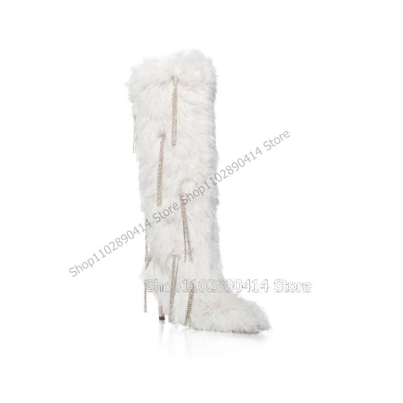 White Fur Crystal Tassels Decor Pointed Toe Boots Knee High Women Shoes Thin High Heels Fashion Runway 2023 Zapatos Para Mujere