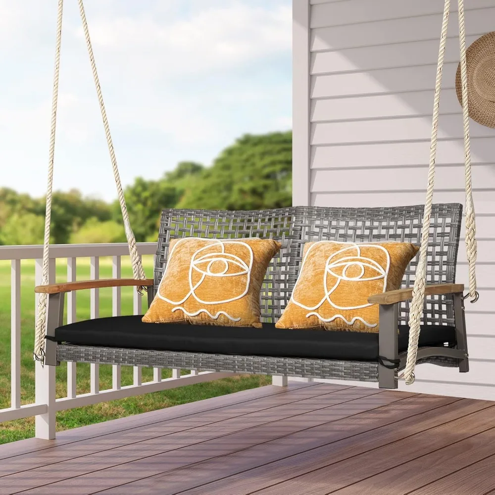 2-Seater Outdoor Porch Swing - Patio PE Rattan Hanging Swing Bench with Seat Cushion and Strong Hanging Ropes, Wicker Swing