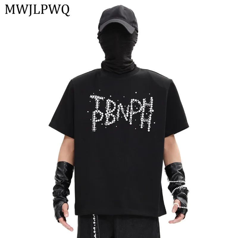 

MWJLPWQ American High Street Niche Beaded Letter Design T-shirt Men Shoulder Pad Tide Half Sleeve Loose Casual Autumn Top 11231