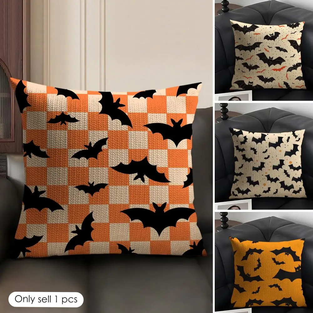 Halloween Scary Bats Cushion Cover Breathable Linen Organic Fabric Double-Sided Printing Sofa Pillow Case Home Decor