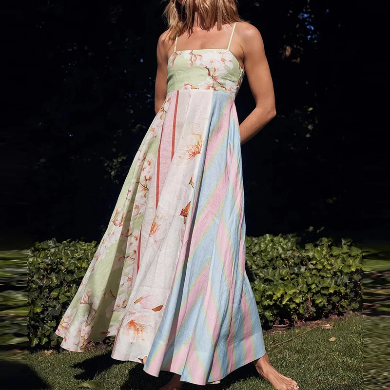 Sexy fora do ombro sem mangas suspensórios vestido elegante graffiti impressão solta bohe vestido feminino moda cintura alta plissado vestido longo