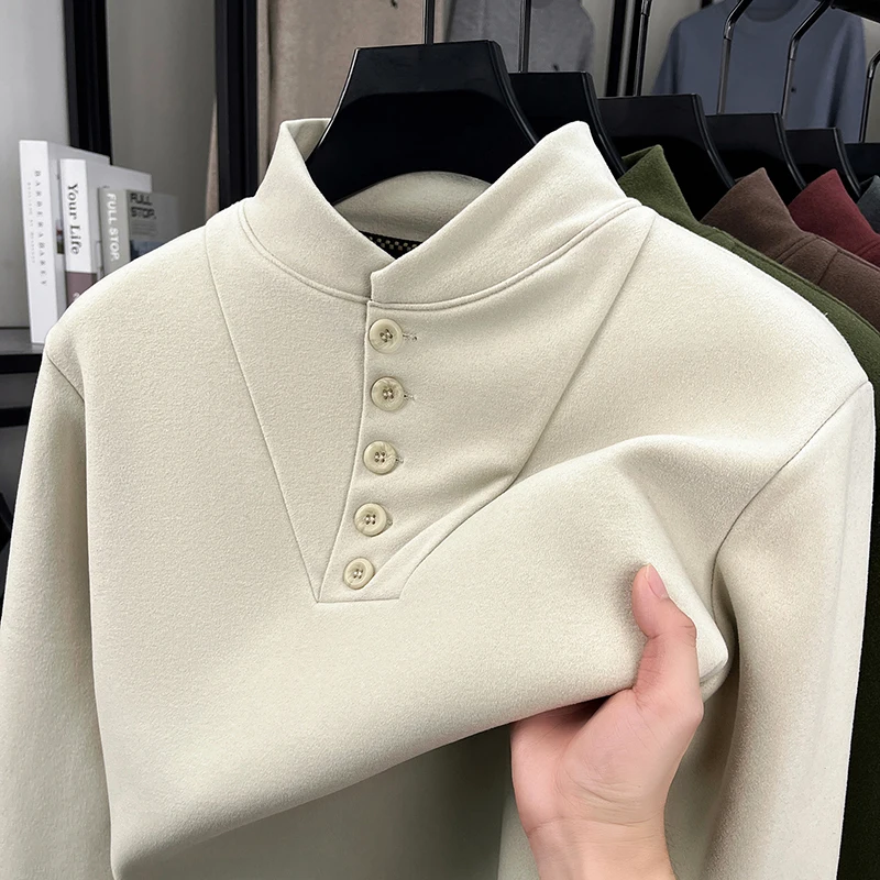 

Luxury Man Long Sleeves T-Shirt Double-Sided Velour Baseball Collar Thickened Fleece-Lined Button WinterNew PulloverLeisure Tops