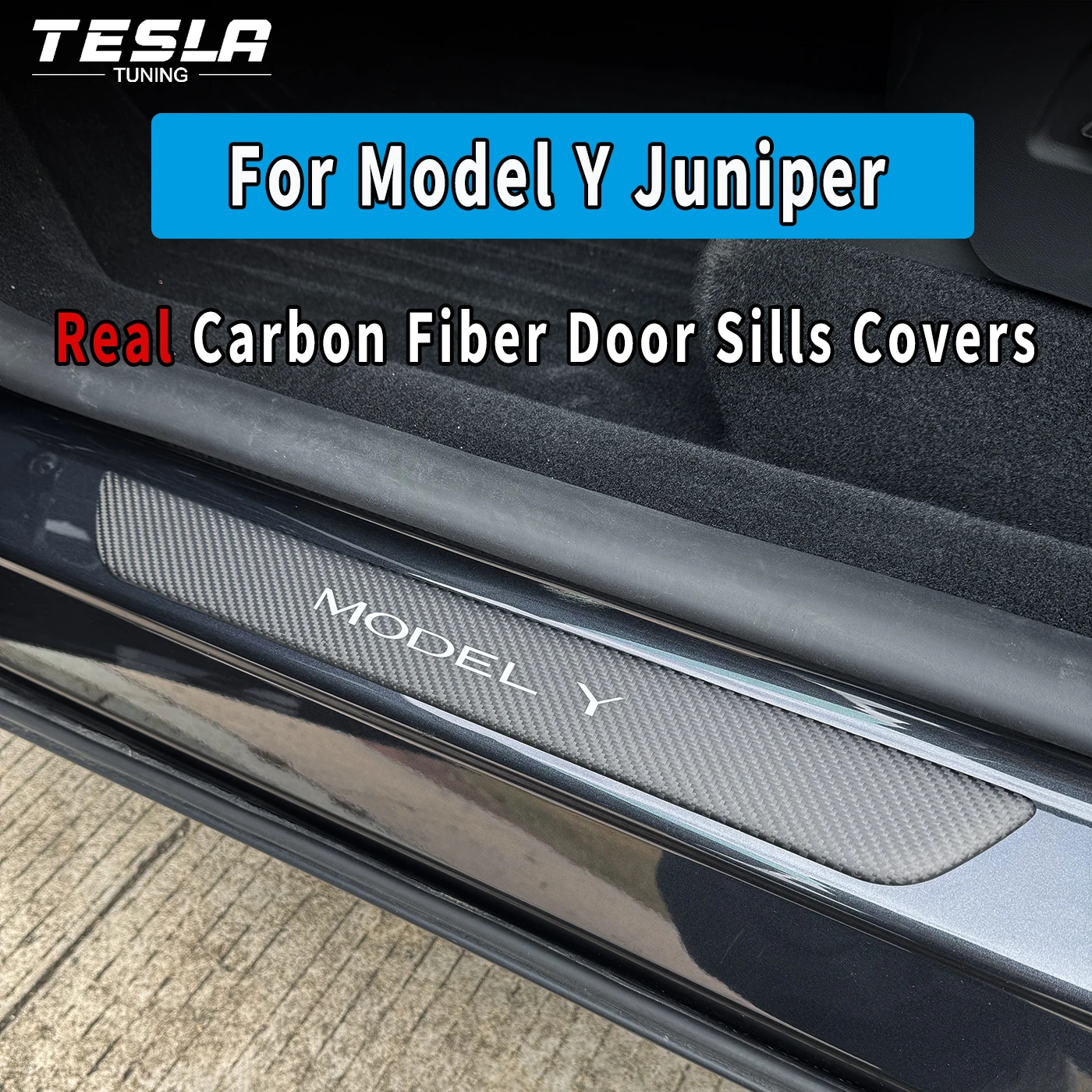 

Real Carbon Fiber Door Sill Cover Tesla Interior Accessories Molded Dry Carbon Door Sill Trim for 2025+ Tesla Model Y Juniper