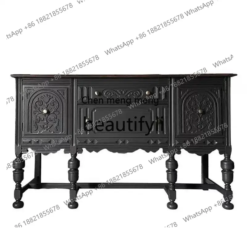 

French retro solid wood carving flower dining side cabinet light luxury partition decorative cabinet medieval locker6220