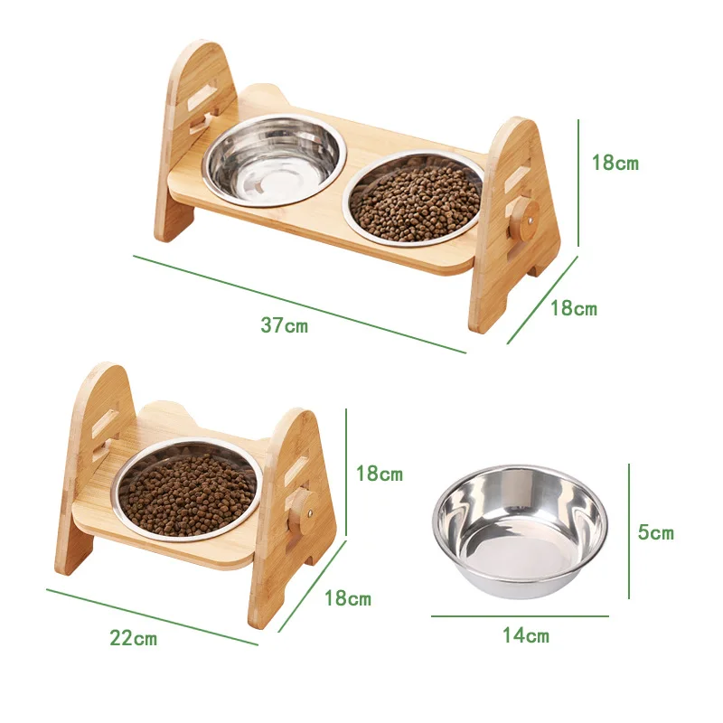 Bamboo Elevated Puppy Cat Bowls with Stand Adjustable RaisedCat Food Water Bowls Holder Rabbit Feeder for Small Medium Pet