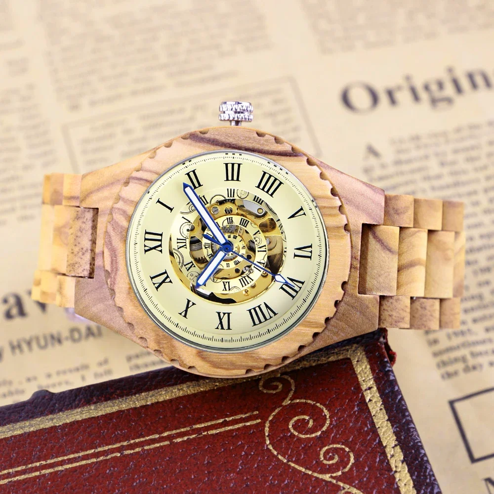 NEW Light Colored Wooden Spiral Design Roman Digital Mechanical Men\'s Watch Casual Fashion Folding Buckle Wooden Watch