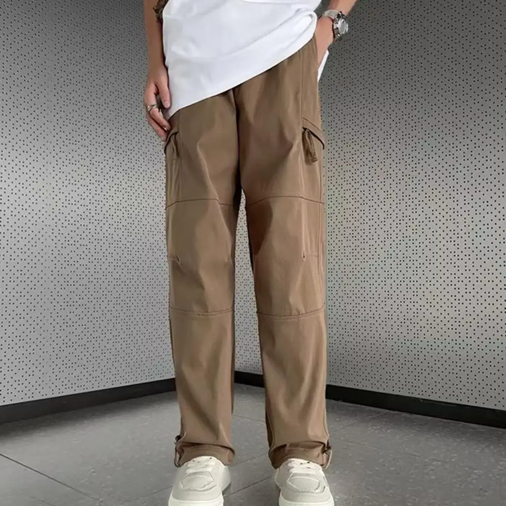 

Men Pants Solid Color Straight Wide Leg Loose Multi Pockets Full Length Mid Waist Streetwear Casual Long Trousers Men