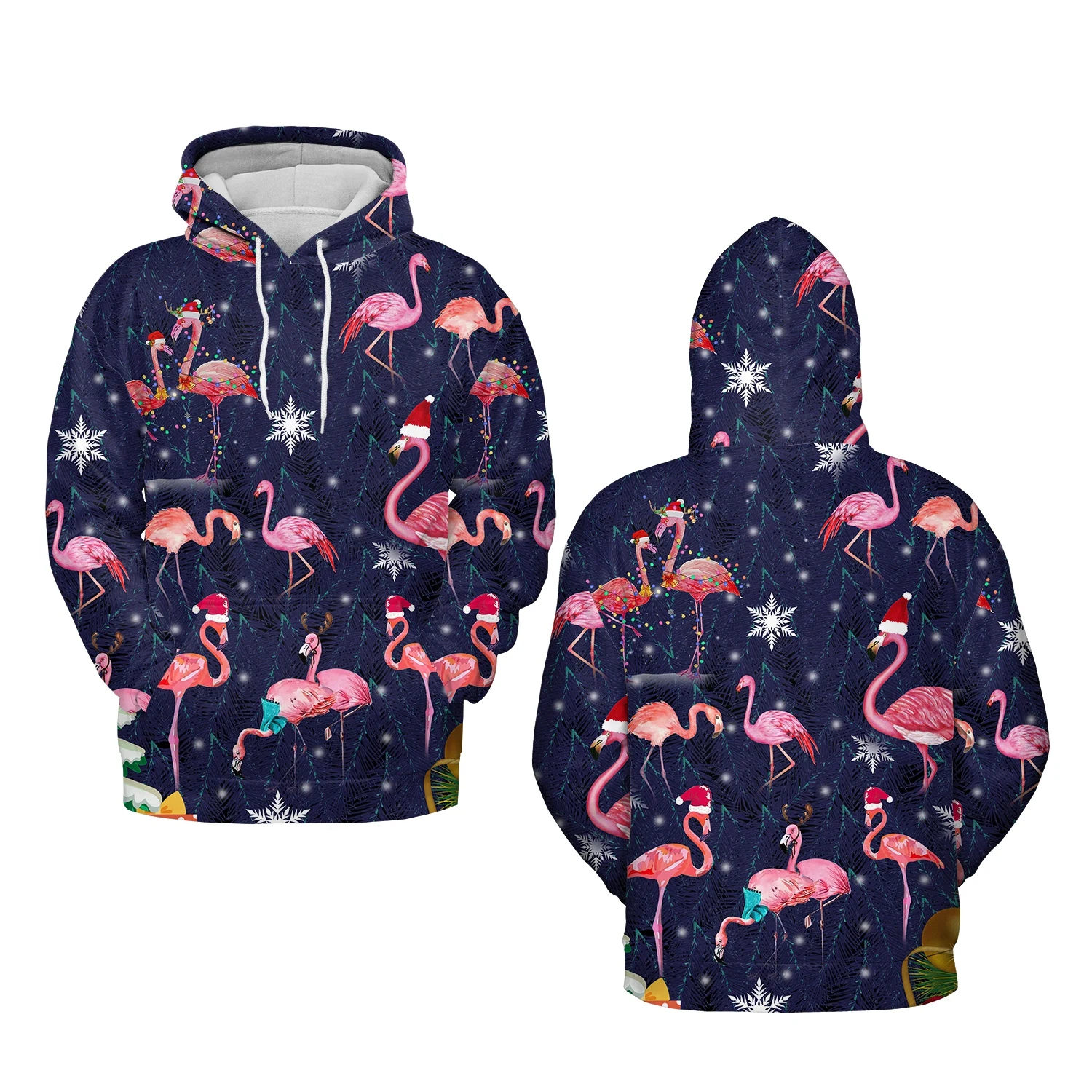 Jumeast Flamingo Pattern Men Zipper Hoodie Christmas Hat Hooded Sweatshirts Women Cutecore Coat Festival Fashion Jacket Coats