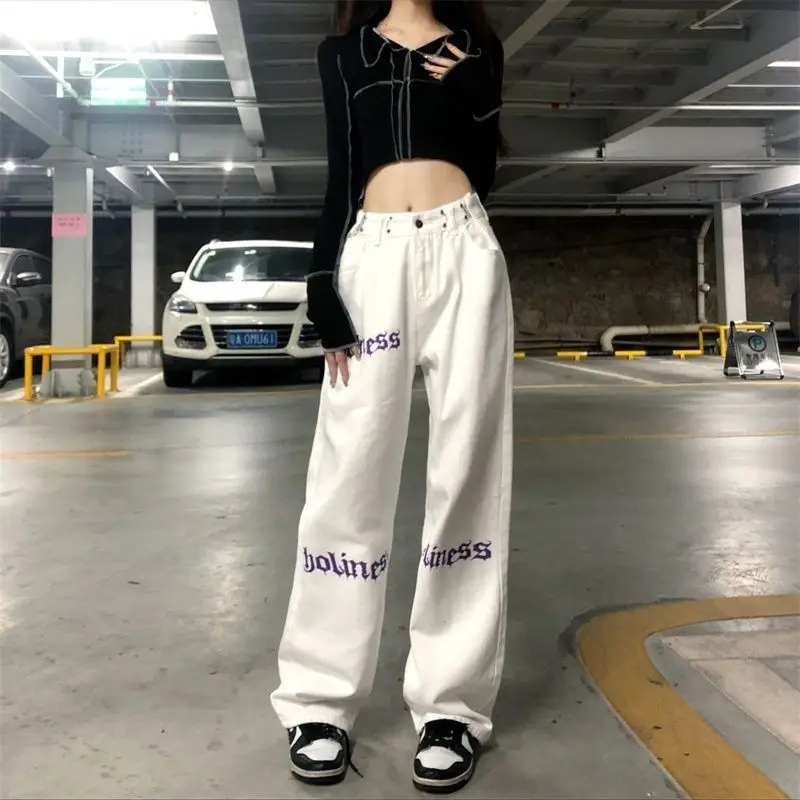 Calça jeans feminina de cintura alta com estampa feminina Harajuku, calça casual de perna larga larga, streetwear hip hop, branca, primavera, moda outono