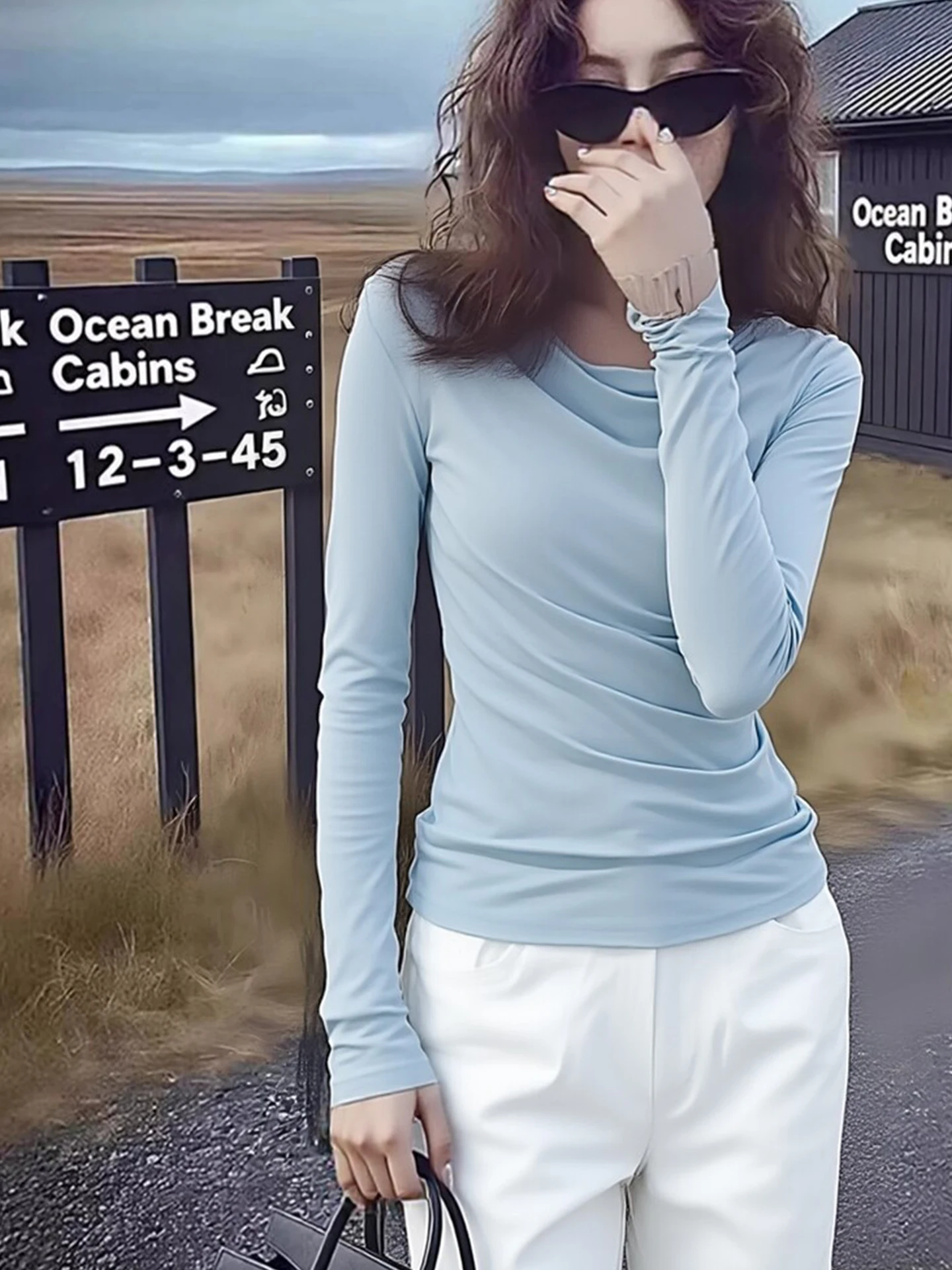 

Elegant Blue Slim Fit Long Sleeve T-Shirt Spring Versatile Fashionable Base Layer Top Comfortable Slimming Underwear