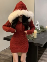 2023 Winter Christmas Knitted Sweater Dress Hooded Women Slim Bodycon Y2k Mini Dress Fur Female One Piece Dress Korean Elegant