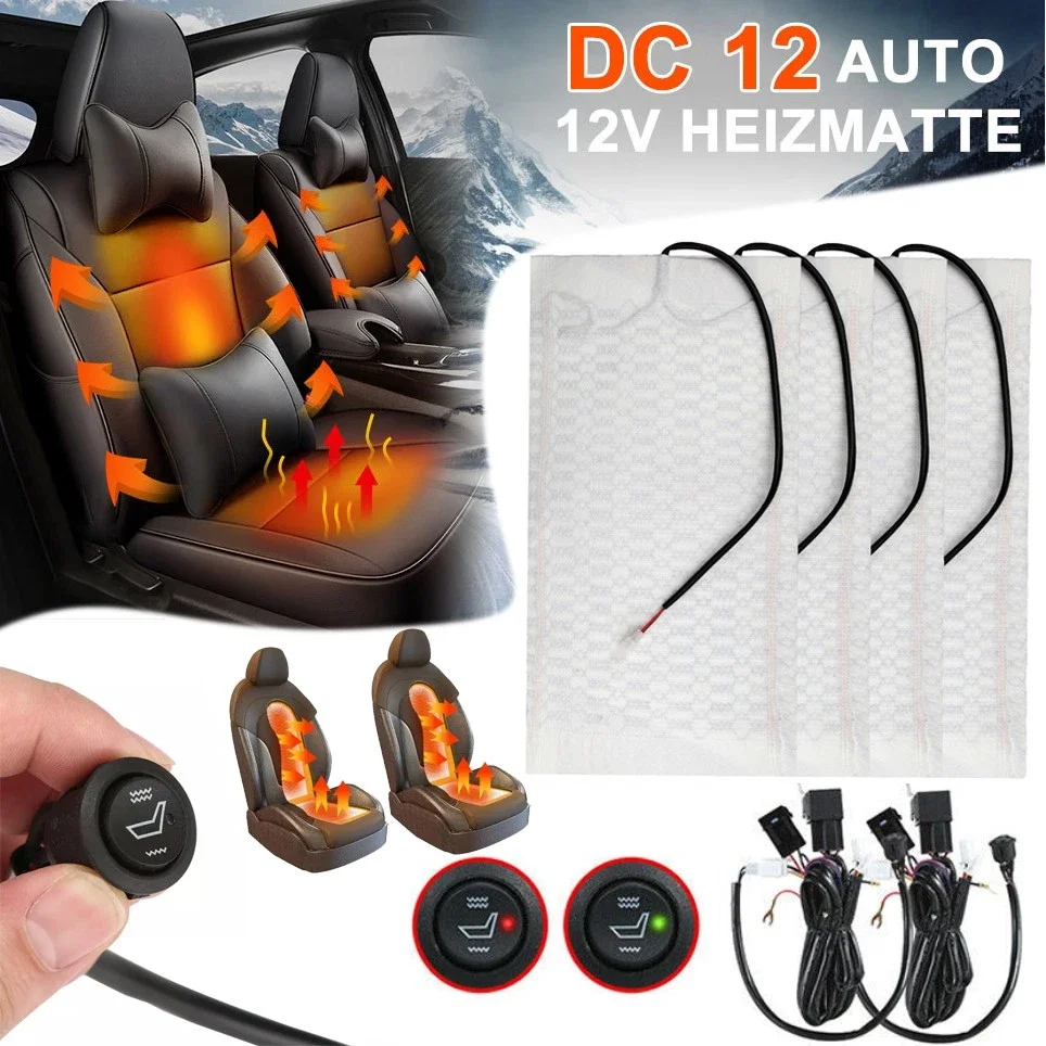 

2 Seats 4 Pads 12V Universal Car Seat Heater Heat Pads Carbon Fiber Heated Heating Round Cushion Control Switch Winter Warmer