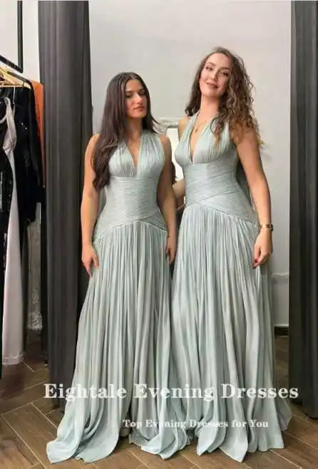 Eightale Evening Dresses Halter Pleats Floor Length Customized Crepe V-Neck Champagne Prom Party Gown Vestido De Fiesta image 6