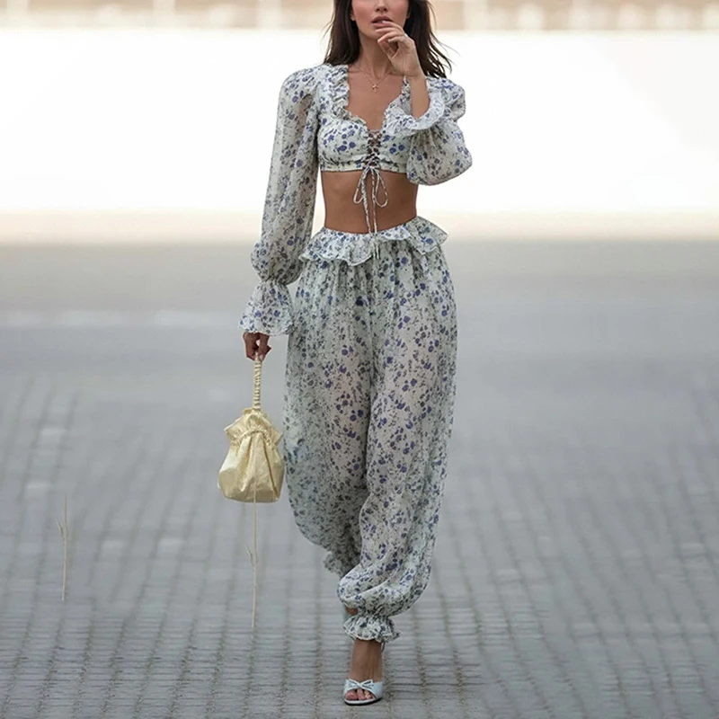 

Sexy V-neck Exposed Navel Set and Long Pants 2pc Set Fashion Street Wear Holiday Suit Spring Summer Floral Print Women's Outfit