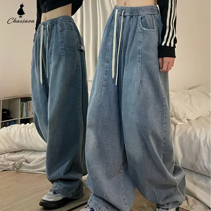 Vintage Drawstring Jeans for Women Long Pant Wide Leg Hip Pop Clothes American Baggy Straight Casual Female Street Cargo Pants